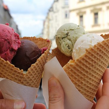 Tasty, homemade waffle cones, and homemade pistachio ice cream, strawberry vanilla, and chocolate