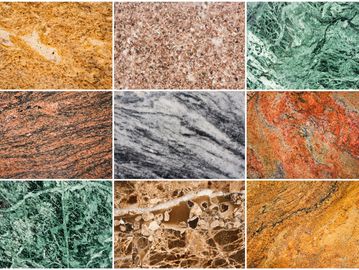 Various colorful granite and marble stone textures arranged in a grid.