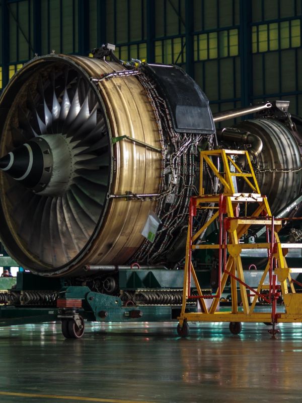 Large aircraft engine in a hangar.