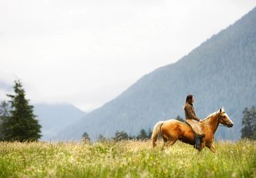 A person rides a horse in a grassy field with mountains in the background.
