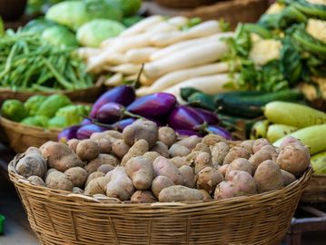 Basket of potatoes with fresh vegetables in the background.