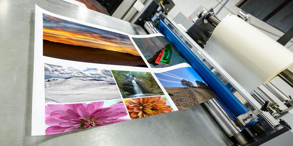 A Banner being printed with a machine, contains sunset image, and many flowers.
