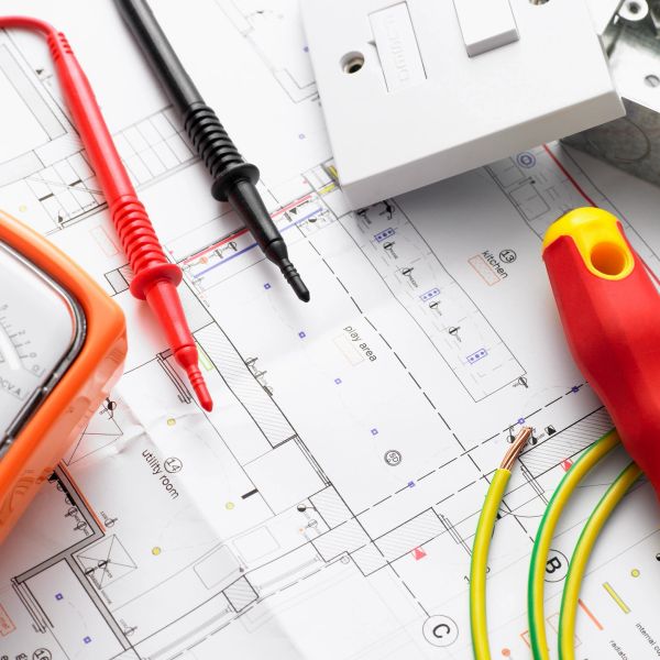 Electrical tools and wires on a building blueprint for wiring setup.