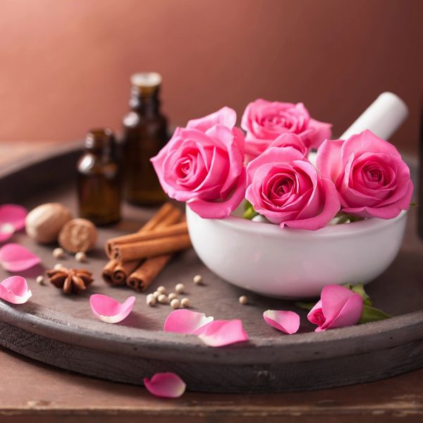 bowl of roses and essential oils