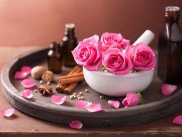 pink roses in bowl, cinnamon on tray with amber bottles