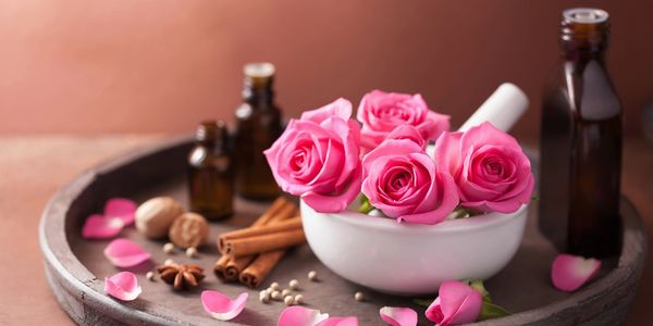 Rose flowers and Rose essential oil