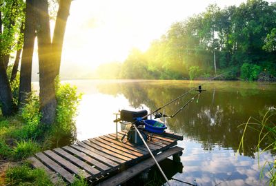 Fishing rods set up on a wooden dock by a calm lake at sunrise.