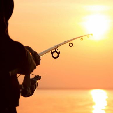 Person fishing at sunset by the water.