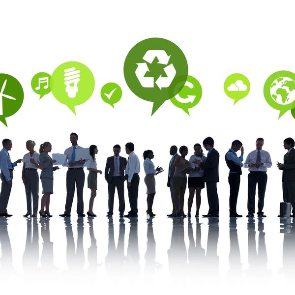Recycling,remediation, and green energy. Multiple business men and women 