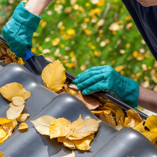 Dirty gutters that are being cleared of leaves and debris.