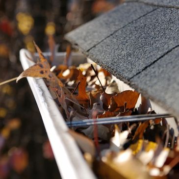 Gutters filled with leaves that will be cleaned out for Spring. Debris, gutter cleaning and washing