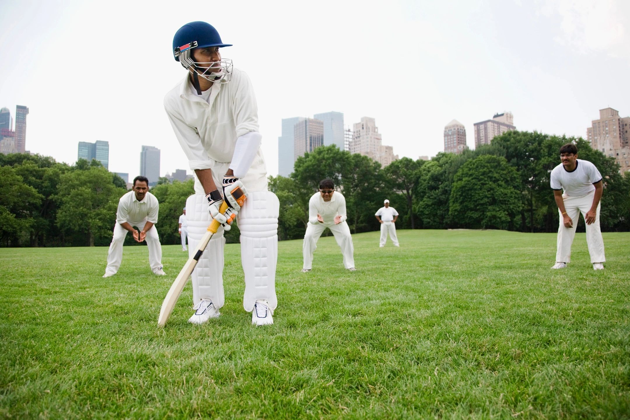 Cricketers engaged in the field of play