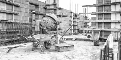 Black and white photo of a construction site with tools and concrete structures.