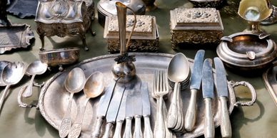 We buy all smalls such as Silverware, Plates, Glass, Vases, Figures, Figurines, Medals, Metal pieces, Crystal, Bowls, Trays, Canisters, Ceramics, Tableware, Milk Glass, Jars, Jugs, Porcelain, Bottles, Cookie Jars, Candlesticks, Salt & Pepper Shakers, China, & more. 