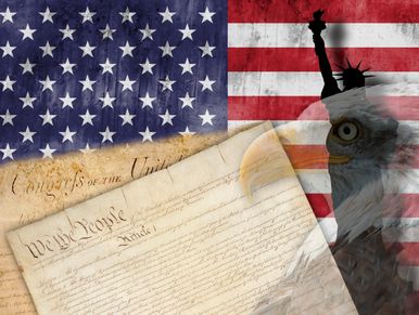 American symbols including the flag, Constitution, eagle, and Statue of Liberty.