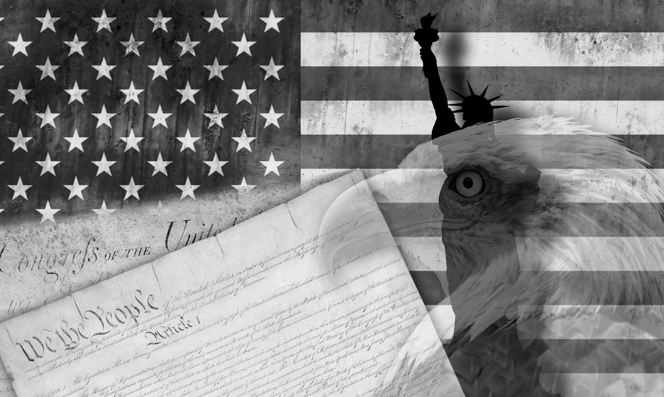 An American flag a bald eagle and the constitution 