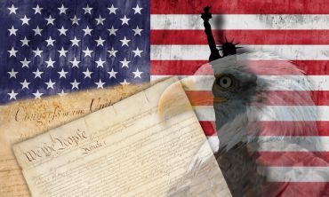 American flag, bald eagle, Constitution, and Statue of Liberty combined in a patriotic image.