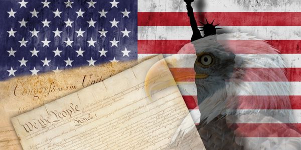 Bald eagle with constitution over American flag
