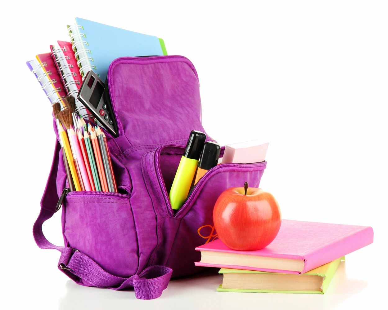 A purple backpack with books, pencils, markers and a calculator