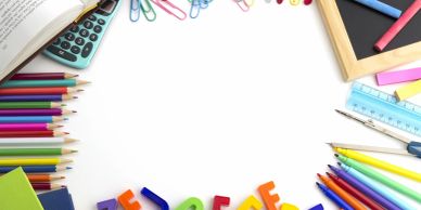 Various colorful school supplies arranged around a blank white space.
