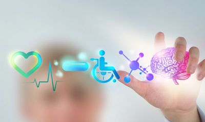 Person interacting with colorful health and medical icons digitally.