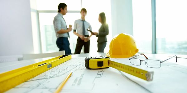 Architects discuss plans with measuring tools and hard hat.