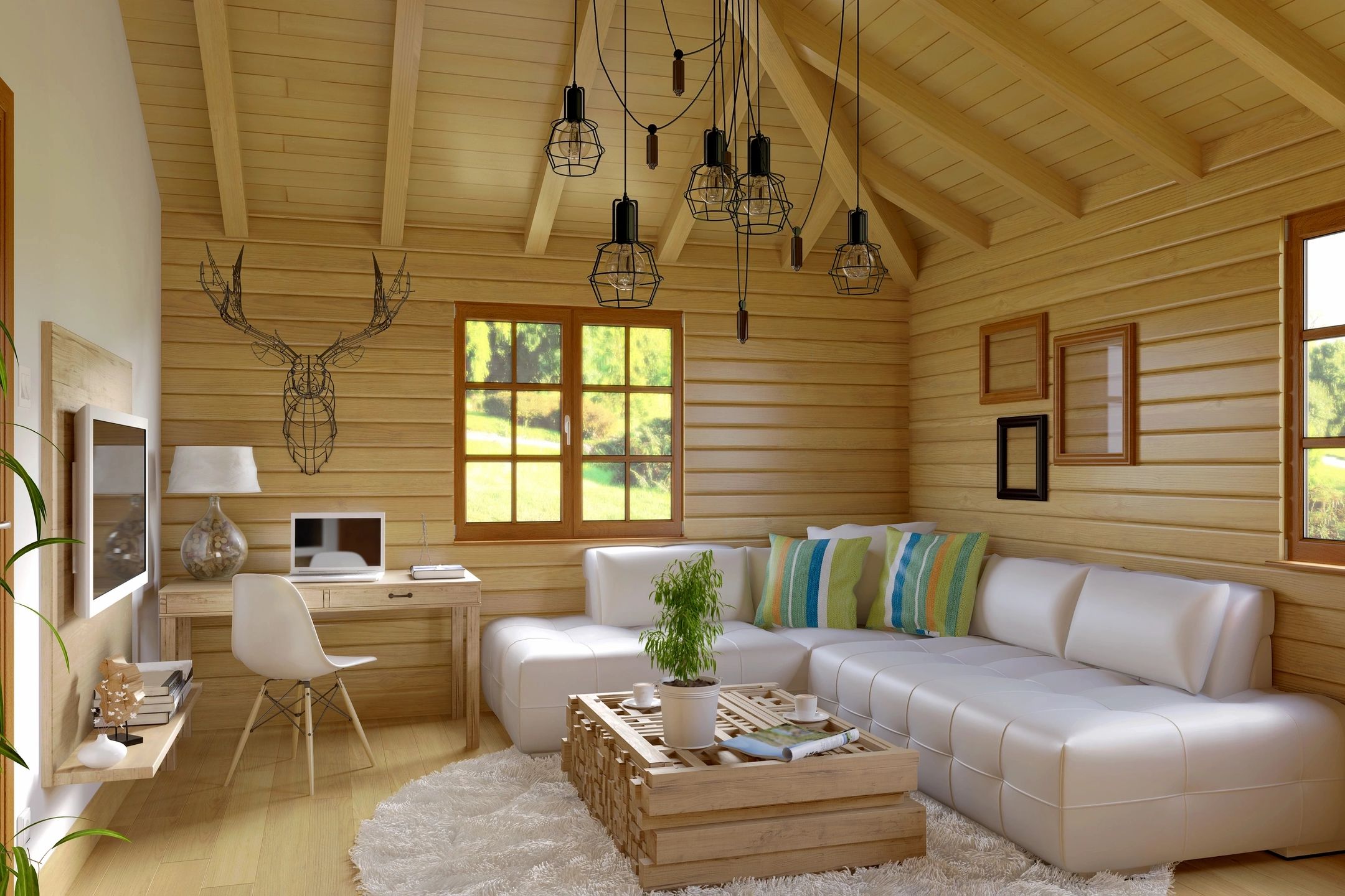 Cozy wooden living room with white sofa and artistic lighting.