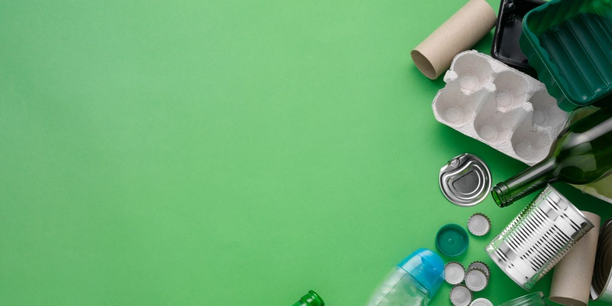 Various recyclable waste items on green background.