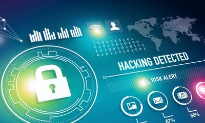 Digital cybersecurity alert showing hacking detected.