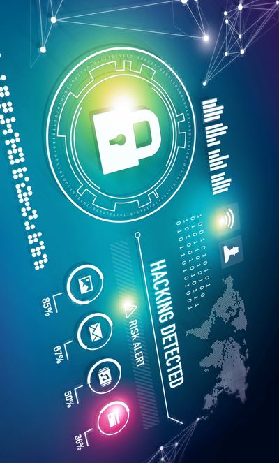 Digital interface showing hacking detected with security icons and risk alerts.