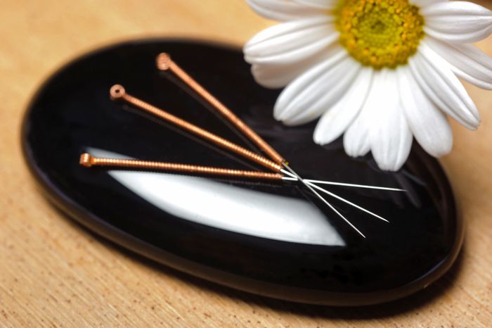 Sisters Acupuncture.  3 acupuncture needles on a wood tray, with a white daisy flower on the edge.