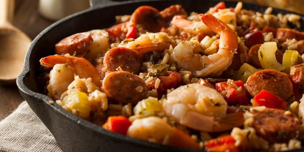 Cast iron skillet with shrimp, sausage, and vegetables dish.