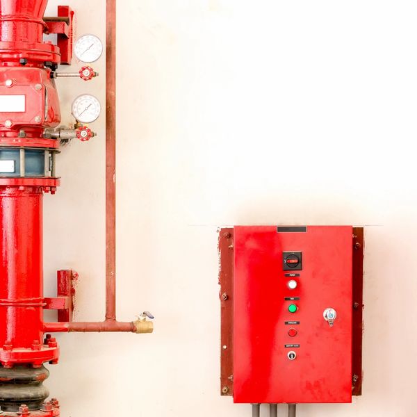 Red industrial control panel and pipes on a white wall.