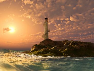 Lighthouse on rocky island during a vibrant sunset with waves crashing.