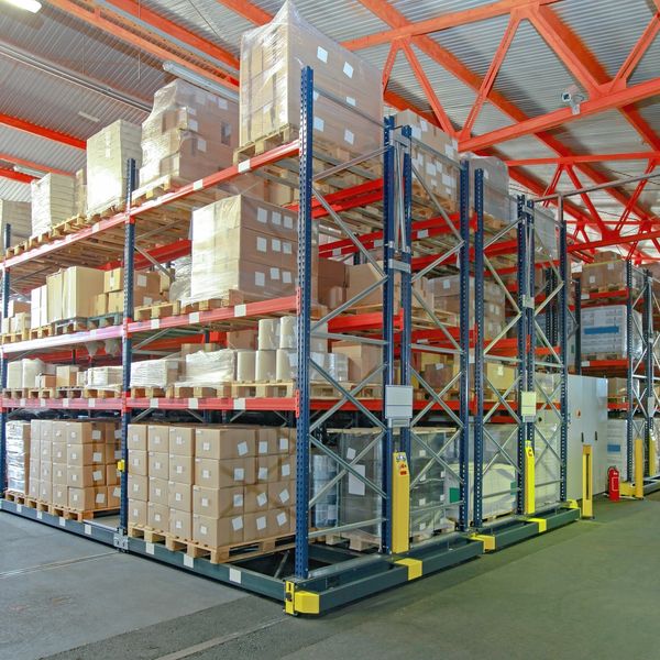 Organized warehouse racks filled with stacked boxes and pallets.