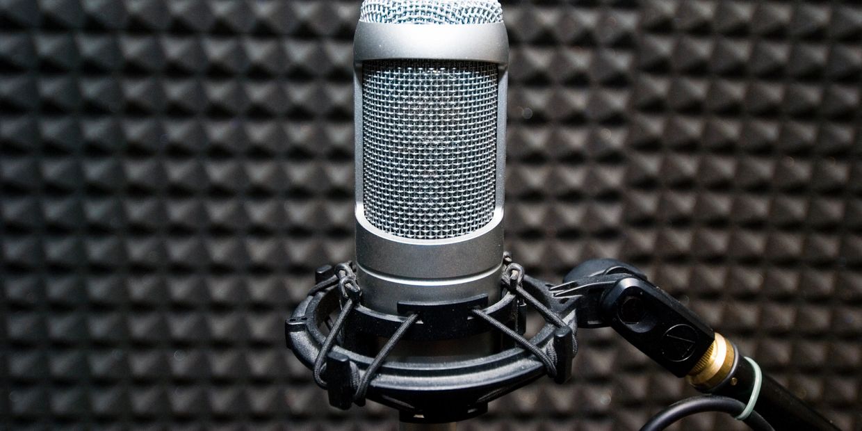 Close-up of a studio microphone with soundproof foam background.