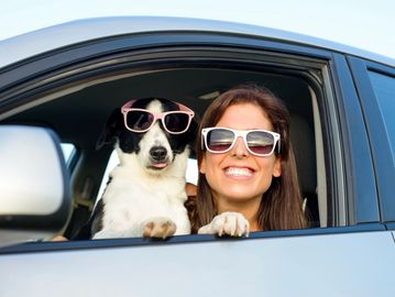 Dog and women in a car with sunglasses on