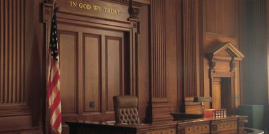 empty court room showing judge's chair