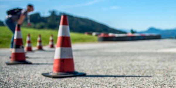 Traffic cones on a driving course.