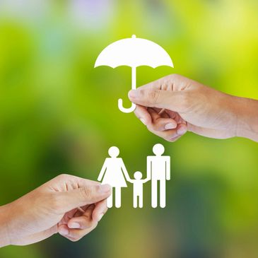 person holding a pictures of umbrella in one hand, and  stick figures in other. purely decorative 