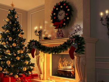 Cozy Christmas living room with decorated tree and fireplace.