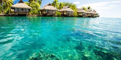 Floating resort with palm trees