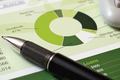 Pen on financial report with charts and calculator.