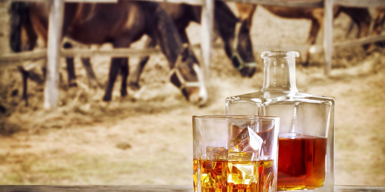 Whiskey glass with ice and a bottle on a wooden table.