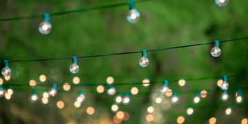 Patio lights in front of blurred background of trees
