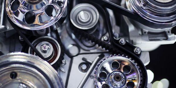 Close-up of a car engine belt and pulleys.