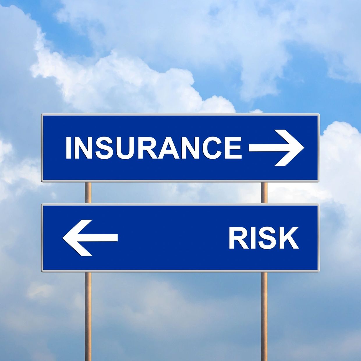 Directional signs showing insurance to the right and risk to the left.