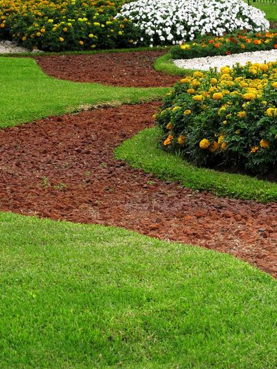Curved garden path with vibrant yellow flowers and lush green grass.