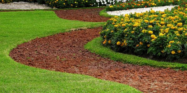 Curved flowerbed and green lawn.