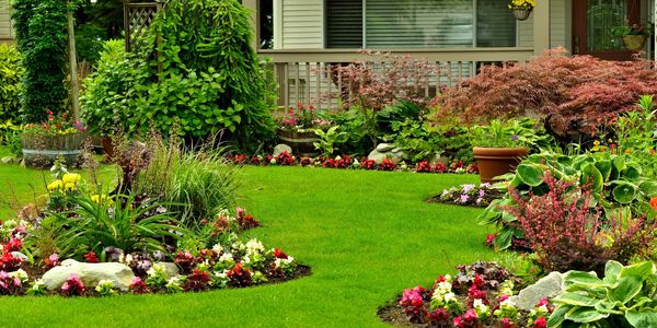Front lawn design using a variety of plants, grass, and hardscape, 